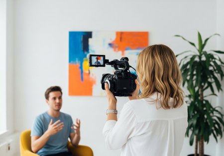 A woman holds a video camera, filming a man who is sitting in a yellow chair and talking with animated hand gestures. An abstract painting adorns the wall behind them.の素材