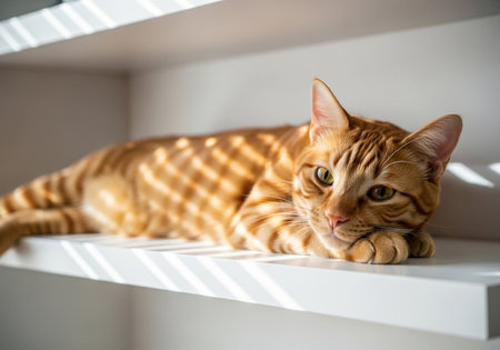 An orange tabby cat rests on a white shelf, its striped fur highlighted by the soft, dappled sunlight that casts a striped pattern across its body.の素材