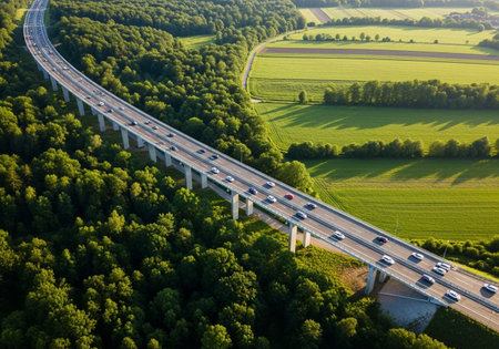 An elevated perspective captures a busy highway bridge winding through a lush green forest, connecting to agricultural fields beyond.の素材