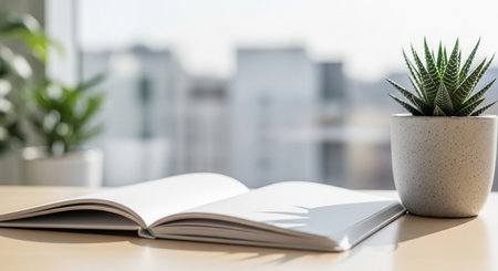 An open, unwritten notebook lies on a smooth wooden surface beside a small potted succulent, bathed in natural light, evoking a sense of peaceful productivity.の素材