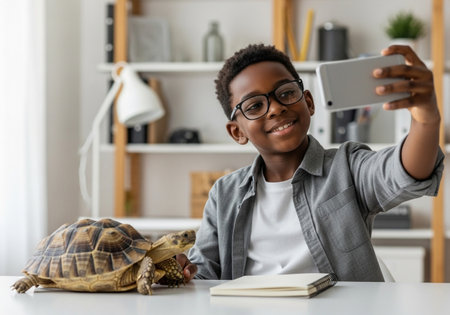 A young boy with glasses smiles as he takes a selfie with a tortoise. They are both on a desk in front of shelves. A notebook is also visible on the desk.の素材