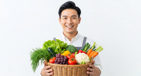 A cheerful Asian man proudly presents a woven basket overflowing with a vibrant assortment of fresh, healthy vegetables and fruits, symbolizing wholesome eating and natural goodness.の素材