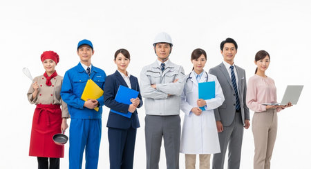A diverse group of individuals in distinct uniforms stand together, showcasing a wide range of professions and the collective strength of the workforce.の素材
