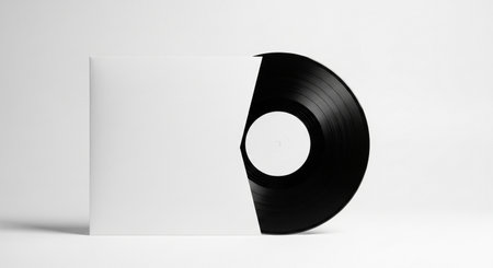 A classic black vinyl record with a white center label is shown, partially emerging from a simple white paper sleeve, set against a clean white backdrop.の素材