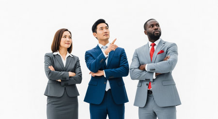 A diverse group of three business professionals, two men and one woman, dressed in formal attire and standing against a plain white background, appearing thoughtful.の素材