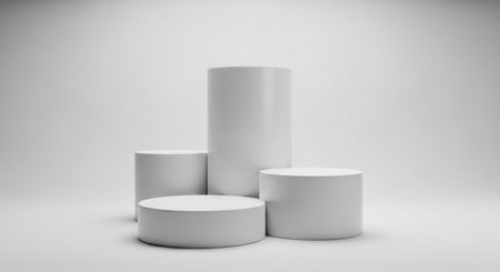 A collection of four white cylindrical pedestals of different heights, artfully arranged on a seamless white surface, creating a minimalist display.の素材
