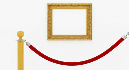 A single, empty, ornate golden picture frame is displayed on a plain white wall, separated from viewers by a red velvet rope and a golden stanchion.の素材