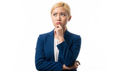 A young Asian businesswoman in a smart blue suit and white shirt, with her hand on her chin, conveying deep thought and consideration, isolated on a pure white background.の素材