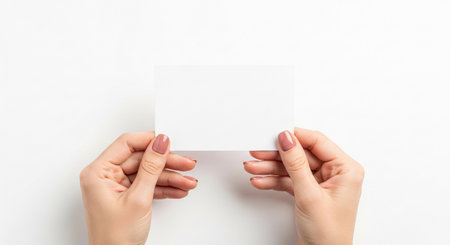 A close-up shot of two hands holding a blank white card against a plain white background, perfect for adding custom text or graphics for promotional purposes.の素材
