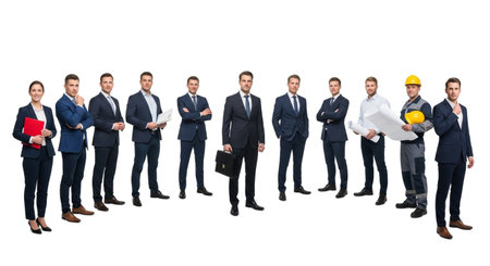 A diverse group of professionals, including engineers and business people, standing together isolated on white background, showcasing teamwork and expertise in various industries.の素材