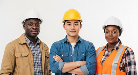A diverse team of three construction professionals, two women and one man, stand together wearing safety helmets and work clothes, smiling confidently.の素材