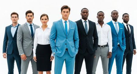 A diverse team of seven professionals, men and women in sharp business suits and formal wear, stand together with confidence against a clean white background.の素材
