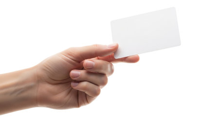 A human hand is shown holding a blank white card. The card is empty and ready for customization, perfect for various identification or promotional purposes.の素材