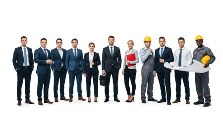 A diverse group of professionals including engineers and business people, standing together in a line, isolated on a white background.の素材
