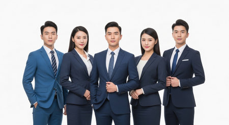A diverse team of five Asian business professionals, dressed in formal suits, stand united, representing corporate success and teamwork.の素材