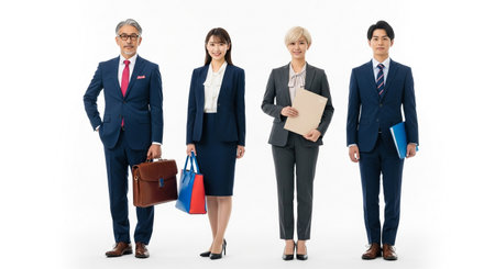 A diverse group of four business professionals, two men and two women, dressed in suits and holding accessories, posing confidently against a white backdrop.の素材