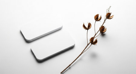 Two pristine white business cards lie on a clean surface, accompanied by a dried plant stem, offering a minimalist and elegant presentation.の素材