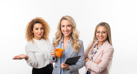 A vibrant studio portrait capturing three diverse women in professional business attire, exuding confidence and positivity, with one woman holding a coffee mug and tablet.の素材