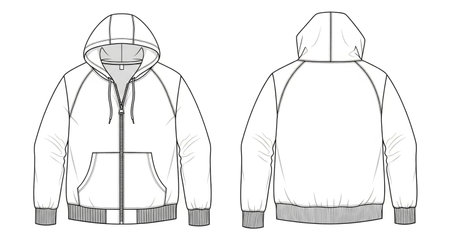 A technical flat sketch of a white zip-up hoodie, featuring a front view with pockets and a back view. This design highlights its construction details.の素材