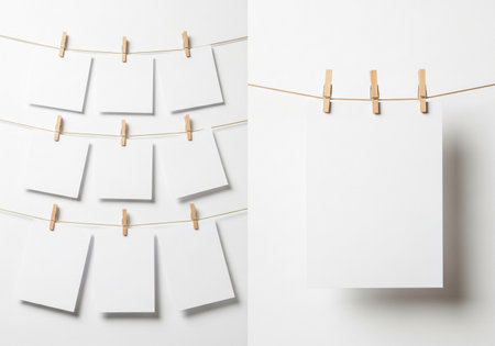 Several blank white square papers are clipped to a string with wooden clothespins, creating a simple and clean display against a white backdrop.の素材