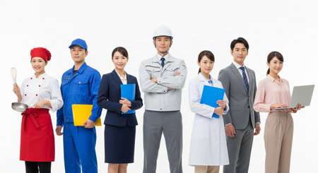 A group of seven people, representing various professions like a chef, mechanic, office worker, engineer, doctor, and manager, stand together in a line.の素材