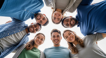 A low-angle shot captures a circle of diverse young adults, their faces radiating happiness and camaraderie. They are looking upwards, symbolizing shared aspirations and a strong sense of togethernessの素材