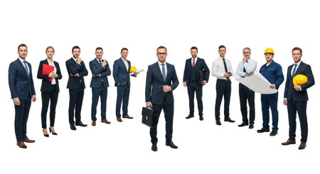 A diverse team of professionals, including businessmen in suits and engineers with hard hats and blueprints, stand united against a white background.の素材