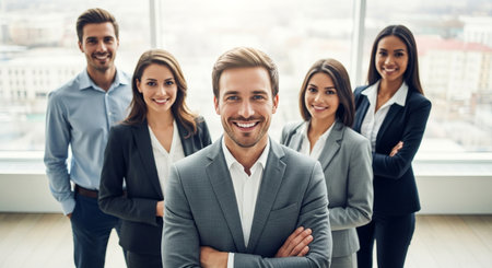 A diverse group of five smiling business professionals stands together in a modern office, exuding confidence and representing a united and successful team.の素材