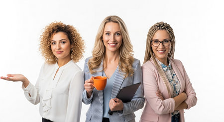 Three diverse women in professional attire, smiling and looking at the camera, representing teamwork and success in the corporate world, isolated on white.の素材