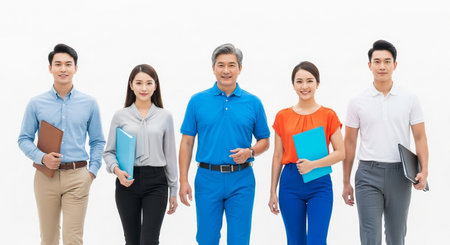 A diverse group of five professionals, three men and two women, stand in a line against a white background, holding folders and laptops, representing teamwork and collaboration in a modern workplace.の素材