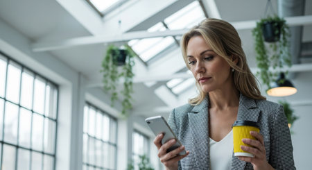 A professional woman pauses her workday to check her smartphone, holding a coffee cup, amidst a bright, modern office adorned with lush green plants, blending work and well-being.の素材