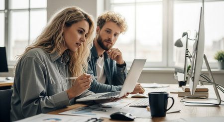 A focused man and woman engage in a productive work session, reviewing information on a laptop, highlighting the importance of teamwork and shared goals in a professional environment.の素材