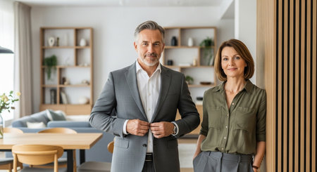 A middle-aged man in a suit and a woman in a casual shirt stand side-by-side in a well-lit, modern living room, looking towards the camera.の素材