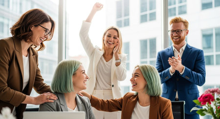 A group of smiling professionals in an office environment share a moment of triumph, highlighting teamwork and successful project completion.の素材