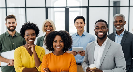 A diverse group of seven smiling professionals stand together in an office, exuding confidence and teamwork, representing a positive and collaborative work environment.の素材