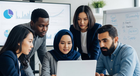 A diverse team of five professionals, including men and women of various ethnicities, intently focused on a laptop screen during a business meeting.の素材