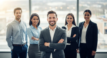 A diverse group of five business professionals, three women and two men, stand confidently in front of a large window, smiling at the camera.の素材