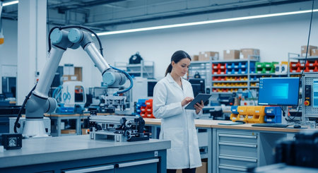 A woman in a white coat operates a tablet within a modern factory setting, overseeing a sophisticated robotic arm and advanced manufacturing equipment.の素材