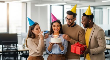 A joyous office birthday celebration unfolds as colleagues don party hats, share a cake with lit candles, and exchange a gift, creating a warm and festive atmosphere.の素材
