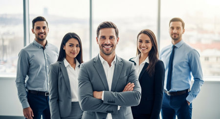 A diverse team of five business professionals, two women and three men, stand confidently in a modern office, showcasing teamwork and success in a corporate environment.の素材