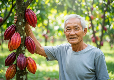 An experienced Asian farmer smiles warmly while holding a branch full of vibrant red cocoa pods, representing the bounty of his tropical farm.の素材