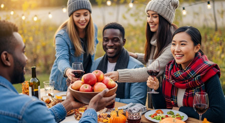 A group of diverse friends enjoys a cheerful outdoor autumn meal, sharing a bowl of fresh apples and glasses of wine, illuminated by warm string lights, embodying friendship and harvest celebration.の素材