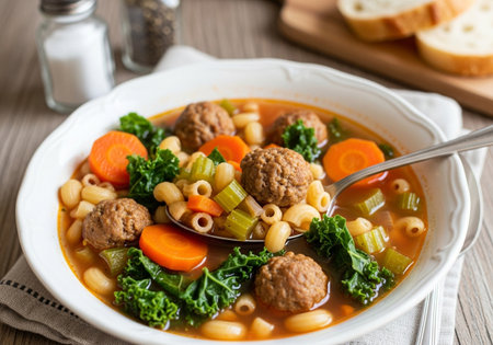 A delicious and hearty meatball soup, brimming with fresh vegetables, pasta, and tender meatballs, ready to be savored.の素材