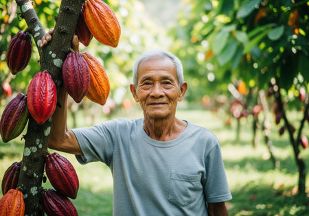 An elderly Asian farmer stands with a warm smile beside a tree abundant with vibrant red, orange, and yellow cocoa pods, showcasing his successful harvest.の素材