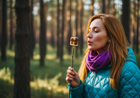A woman enjoys a roasted marshmallow in a serene forest setting, the cool air making her breath visible as she savors the sweet treat during an outdoor excursion.の素材