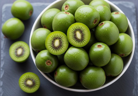 An appetizing overhead shot displays a white bowl brimming with whole, green kiwi fruits, alongside several kiwi halves revealing their characteristic black seeds and bright green pulp.の素材