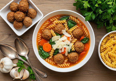 A close-up, overhead view of a flavorful pasta and meatball dish, showcasing its rich ingredients and appealing presentation, perfect for a satisfying meal.の素材