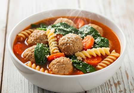 A close-up view of a white bowl filled with Italian wedding soup, showcasing tender meatballs, rotini pasta, fresh spinach, and sliced carrots in a rich broth.の素材