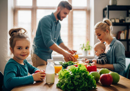 A father chops vegetables while a mother holds a baby, with a young daughter smiling at the camera, surrounded by fresh produce on a kitchen table.の素材