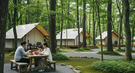 A family dines together at a wooden picnic table outside their modern glamping tents, nestled amidst the tall trees of a serene, green forest.の素材